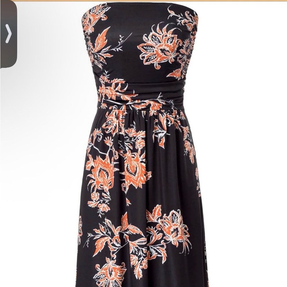 Grace Karin Black Floral Maxi strapless Dress with Orange Accents